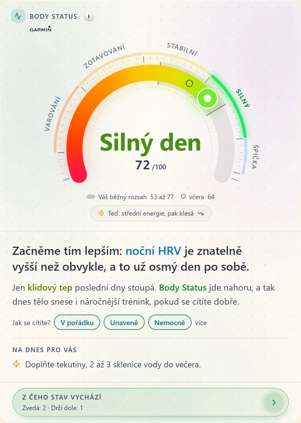 Body Status: jeden stav dne a co ho zvedá a drží