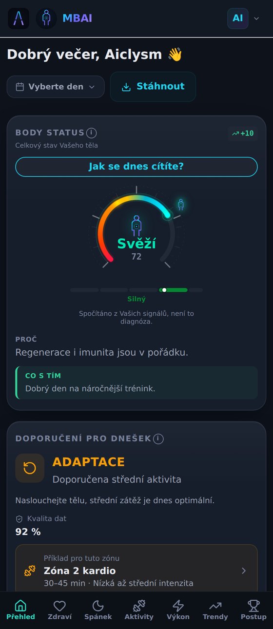 Nástěnka MyBodyAI s denním skóre stavu těla