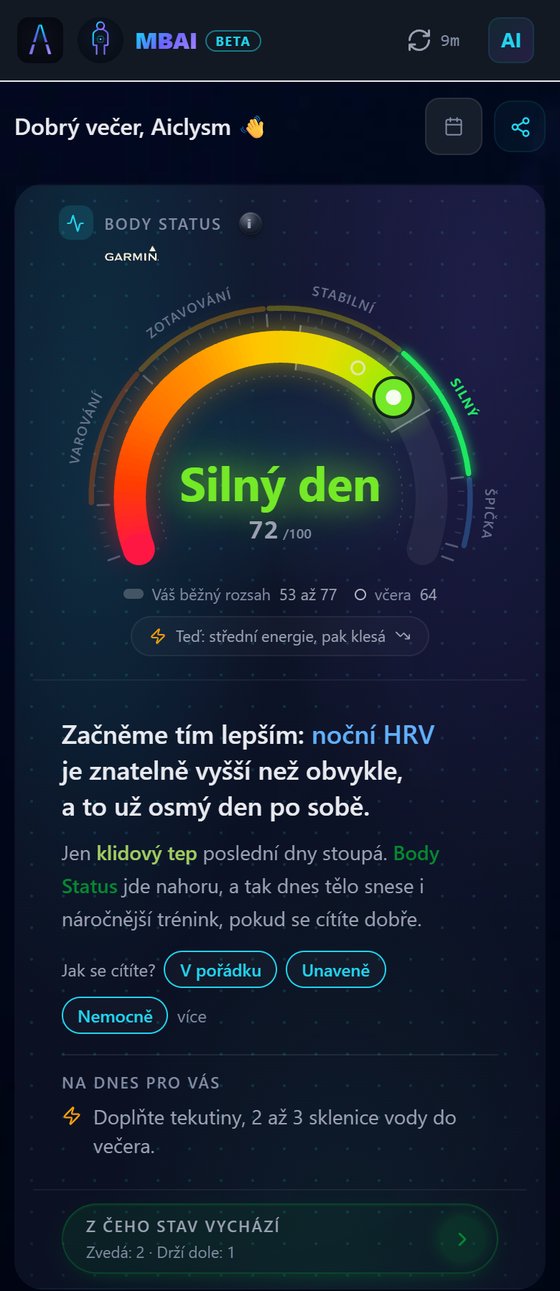 Nástěnka MyBodyAI s denním skóre stavu těla