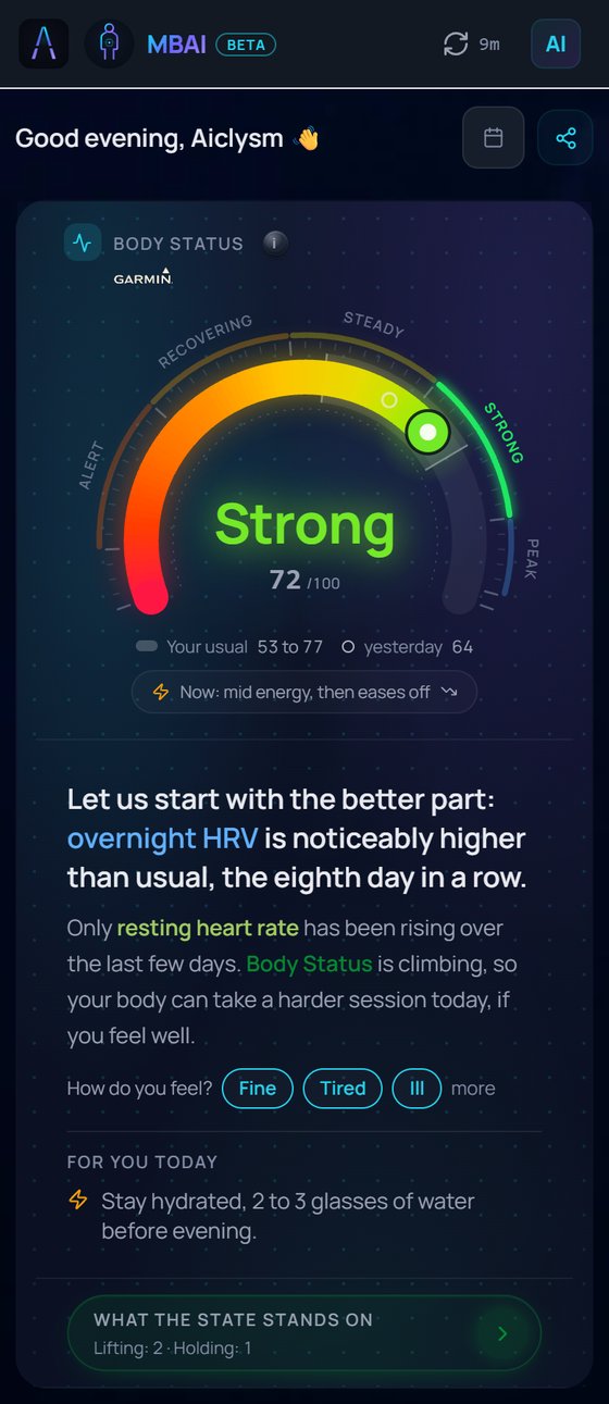 The MyBodyAI dashboard showing a daily body status score
