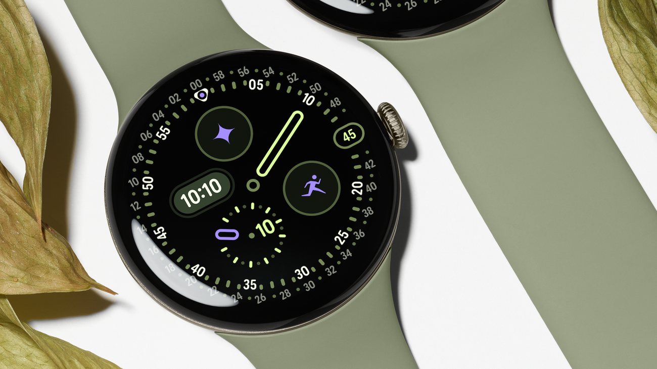 Google Pixel Watch 5 on an olive Active Band