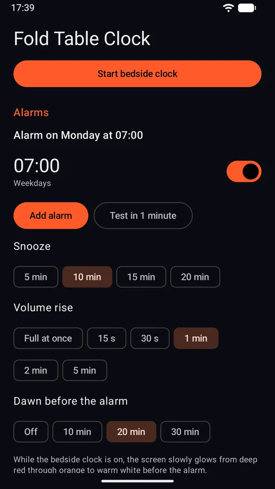 The home screen with an alarm at 7:00 on weekdays